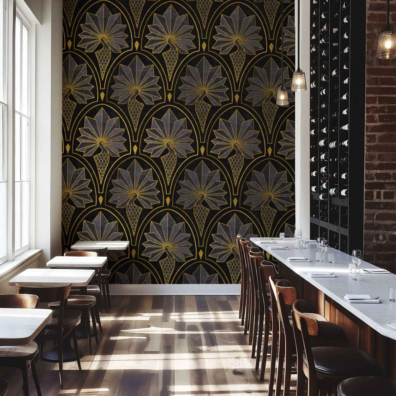 Art Deco Peacock Wallpaper: Gatsby 1920s Vintage Glam. Gold & Silver Luxe Design in Teal, Pink, Blue, Charcoal