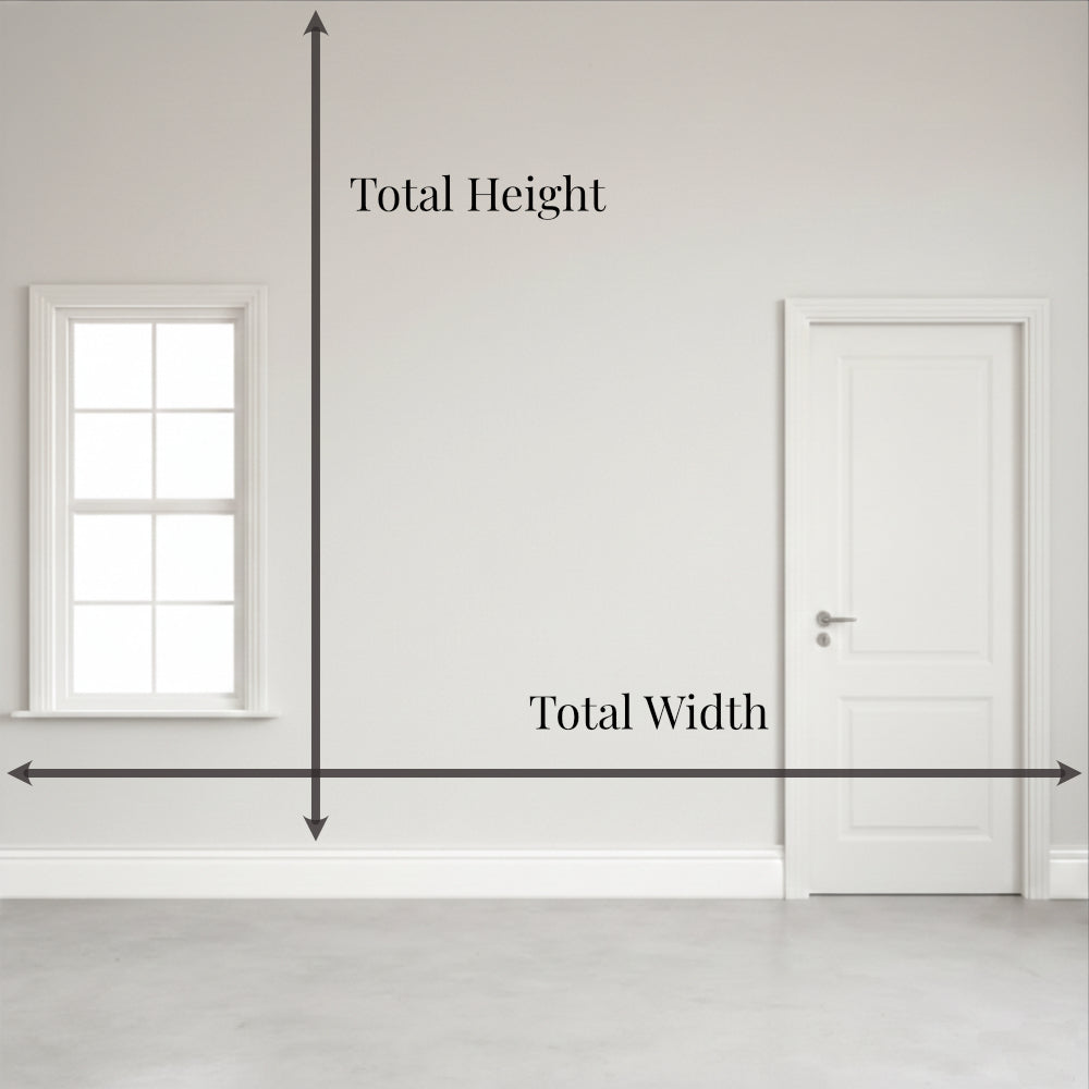 Infographic showing how to measure wall height and width for wallpaper. Arrows indicate measuring the tallest point of the wall and the total width above the skirting board.