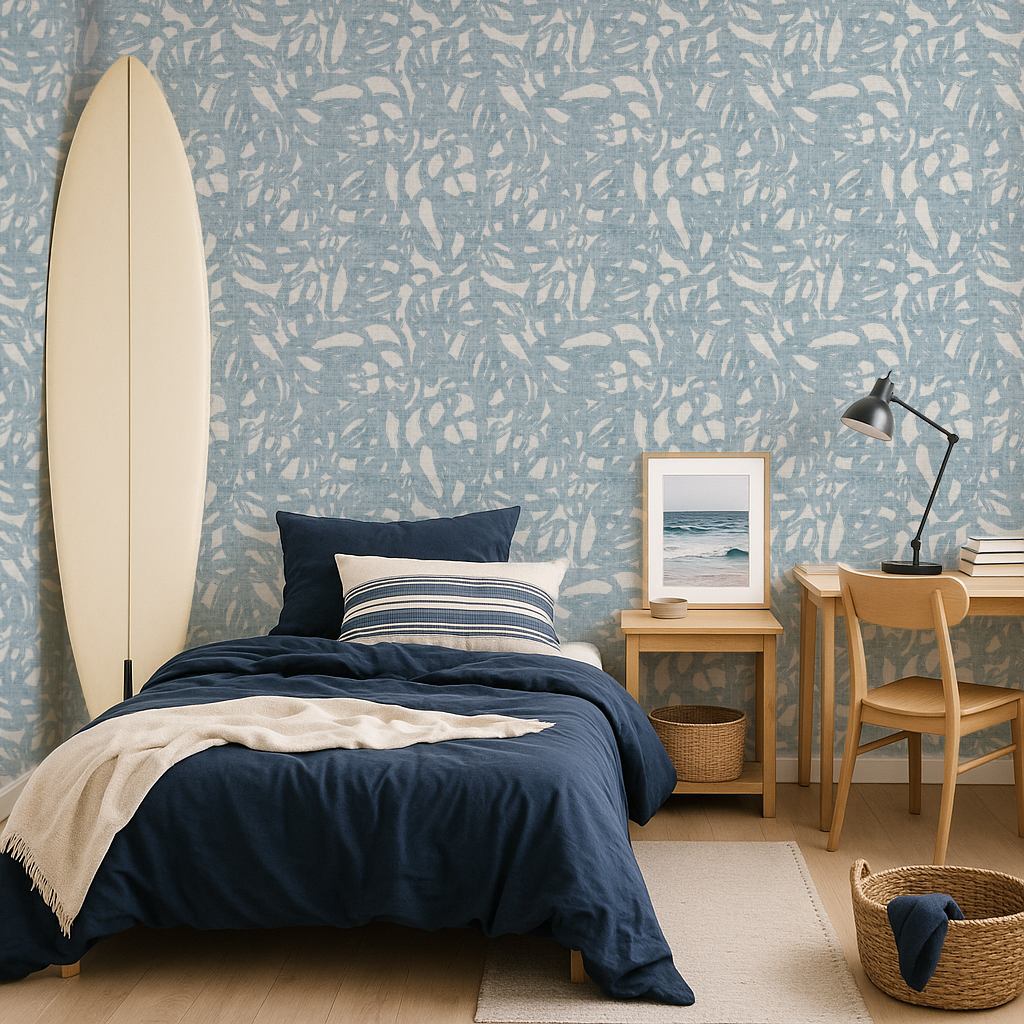 Modern bedroom with abstract brush stroke  light blue patterned wallpaper, surfboard, and wooden furniture.
