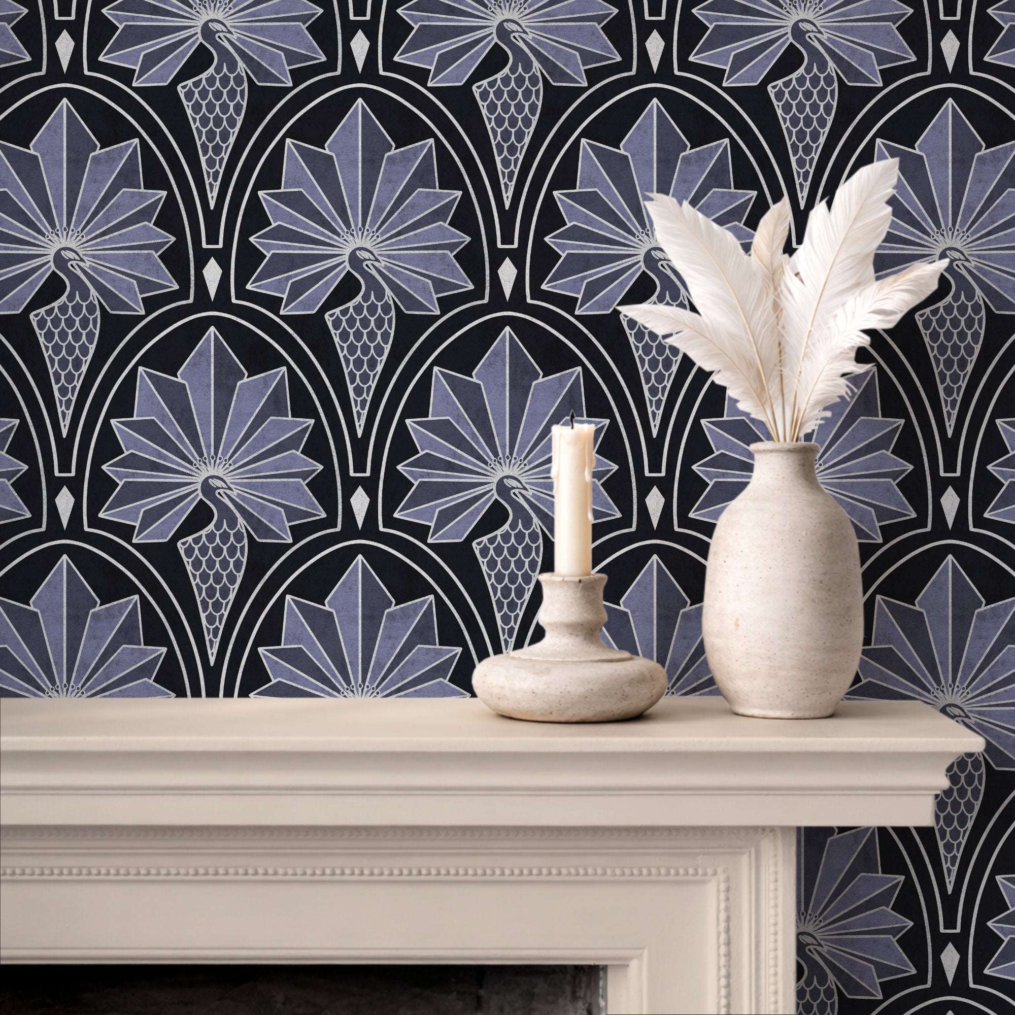 Art Deco wallpaper with peacock feather and fan motifs in dark background with silver patterning.