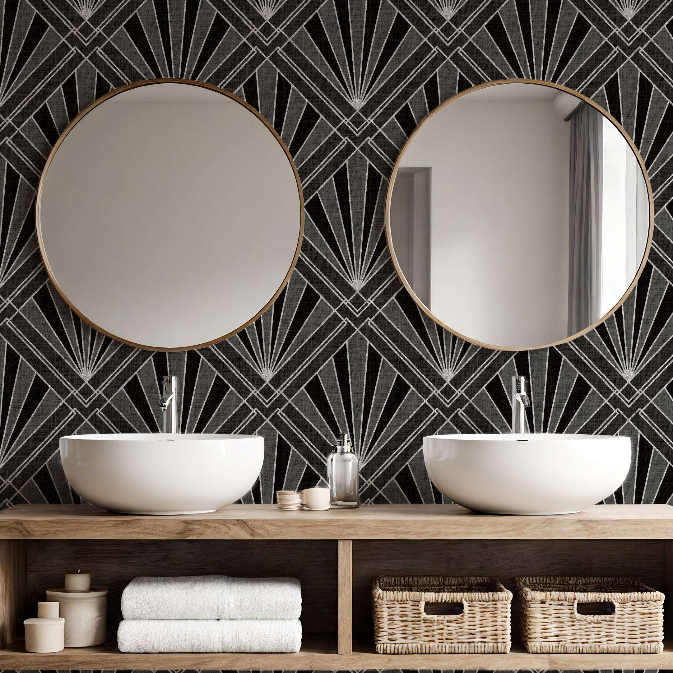 Geometric sunburst wallpaper with dark background and silver fan-diamond lattice