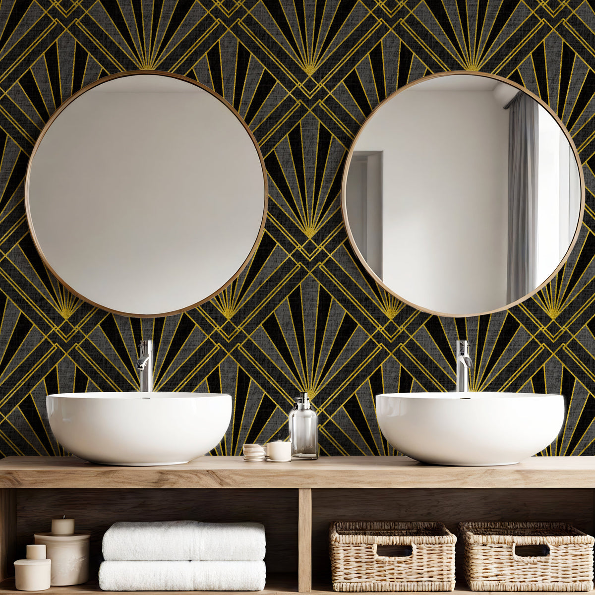 Art Deco wallpaper in black and gold geometric sunburst pattern in bathroom with round mirrors