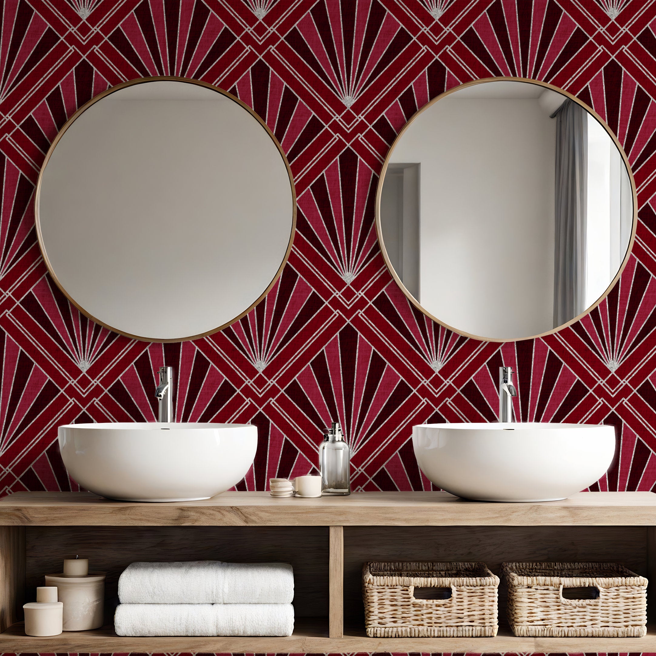 Geometric sunburst wallpaper with deep red background and silver fan-diamond pattern