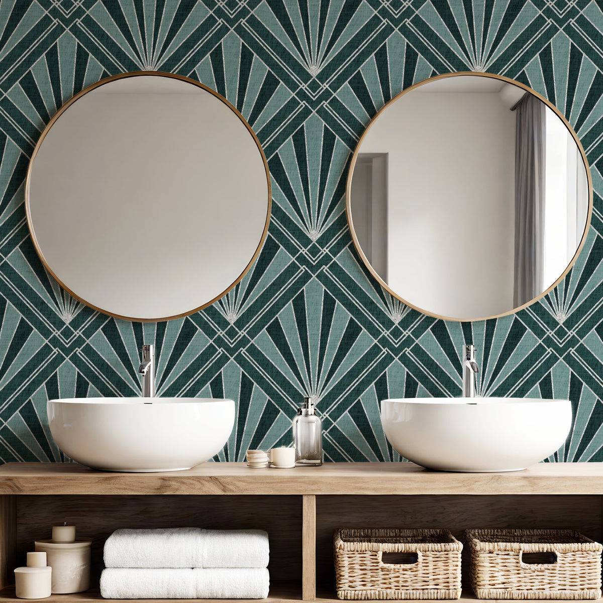 Art Deco silver wallpaper in petrol teal blue geometric sunburst diamond pattern in bathroom with round mirror