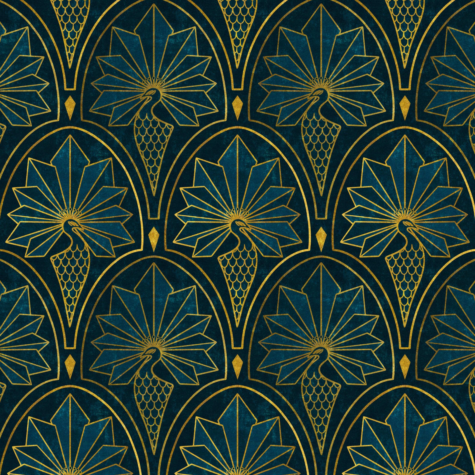 seamless pattern showcasing an art deco pecock feather pattern in teal and gold