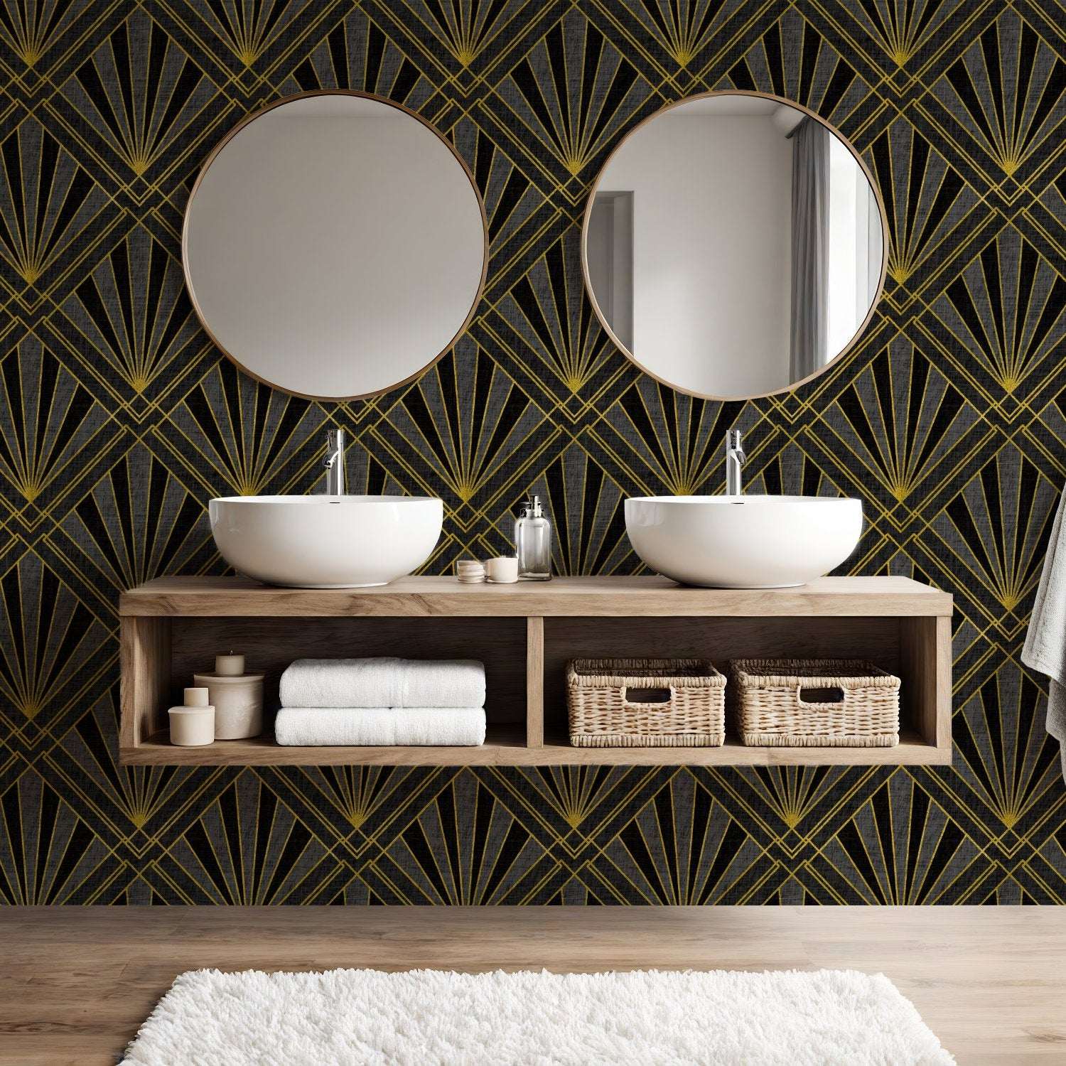 Geometric art deco wallpaper with gold sunburst lines and diamond crosshatch on dark background