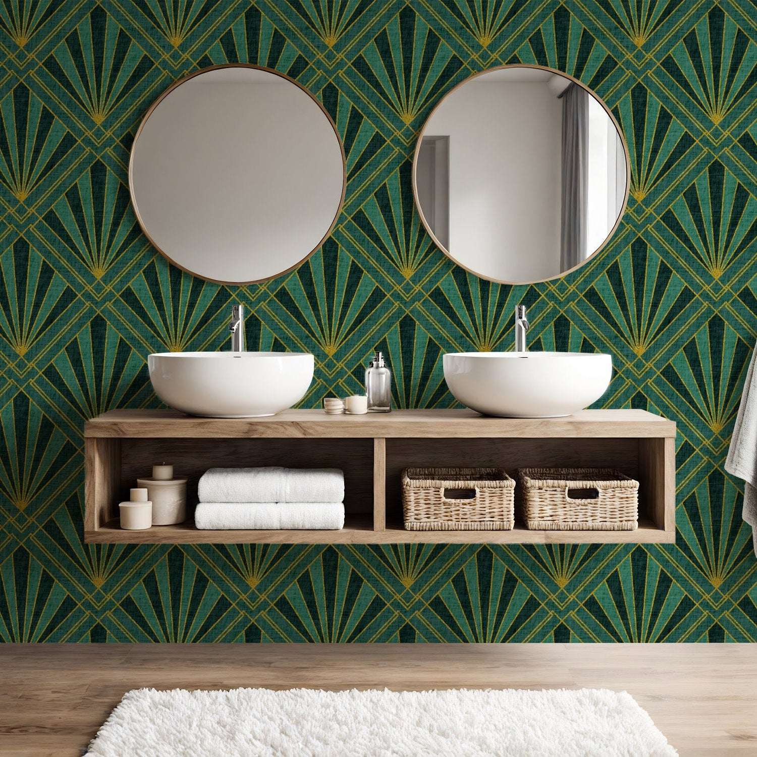 Art deco geometric wallpaper with gold sunburst rays and diamond lattice on teal blue