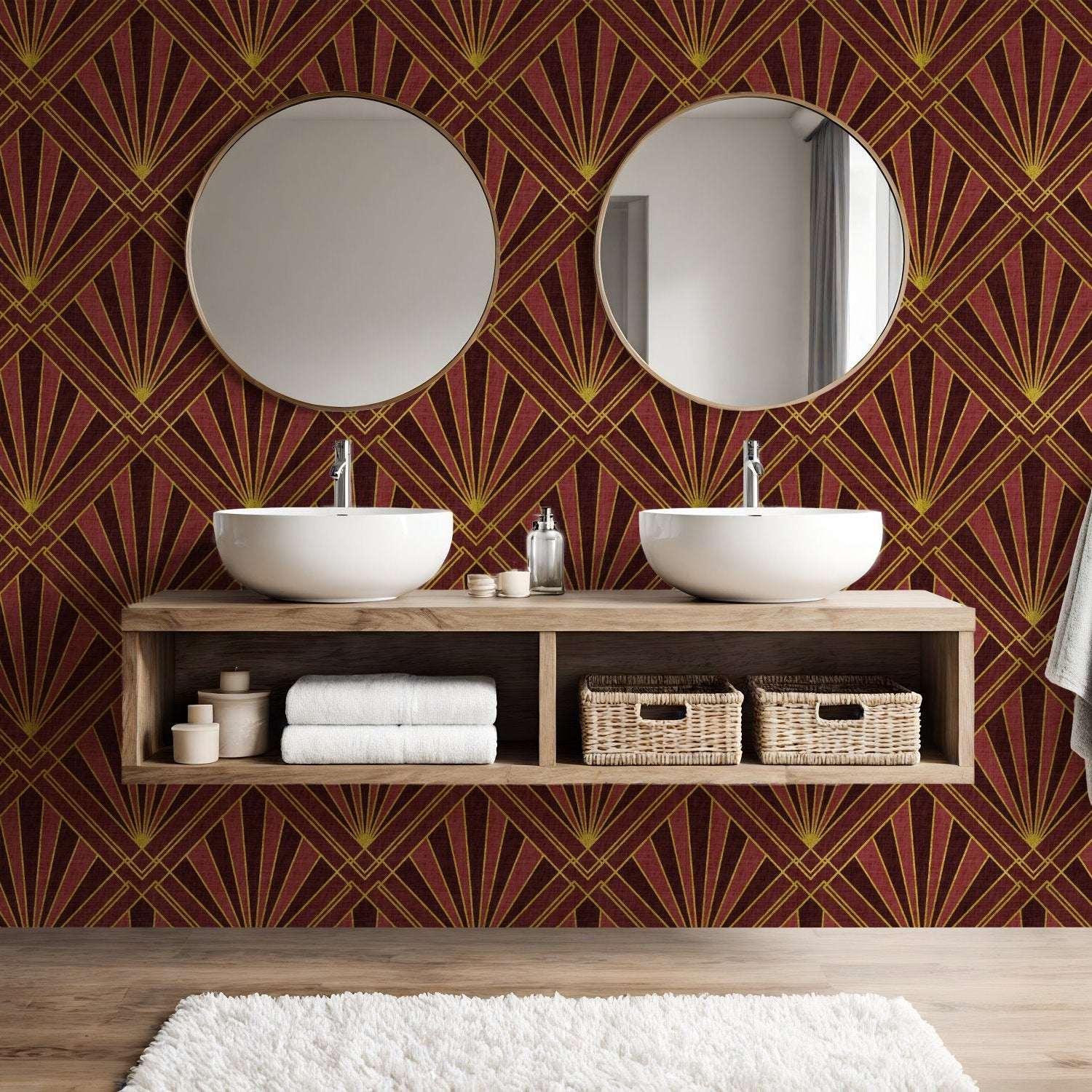 Geometric art deco wallpaper with gold sunburst rays and diamond lattice on deep burgundy
