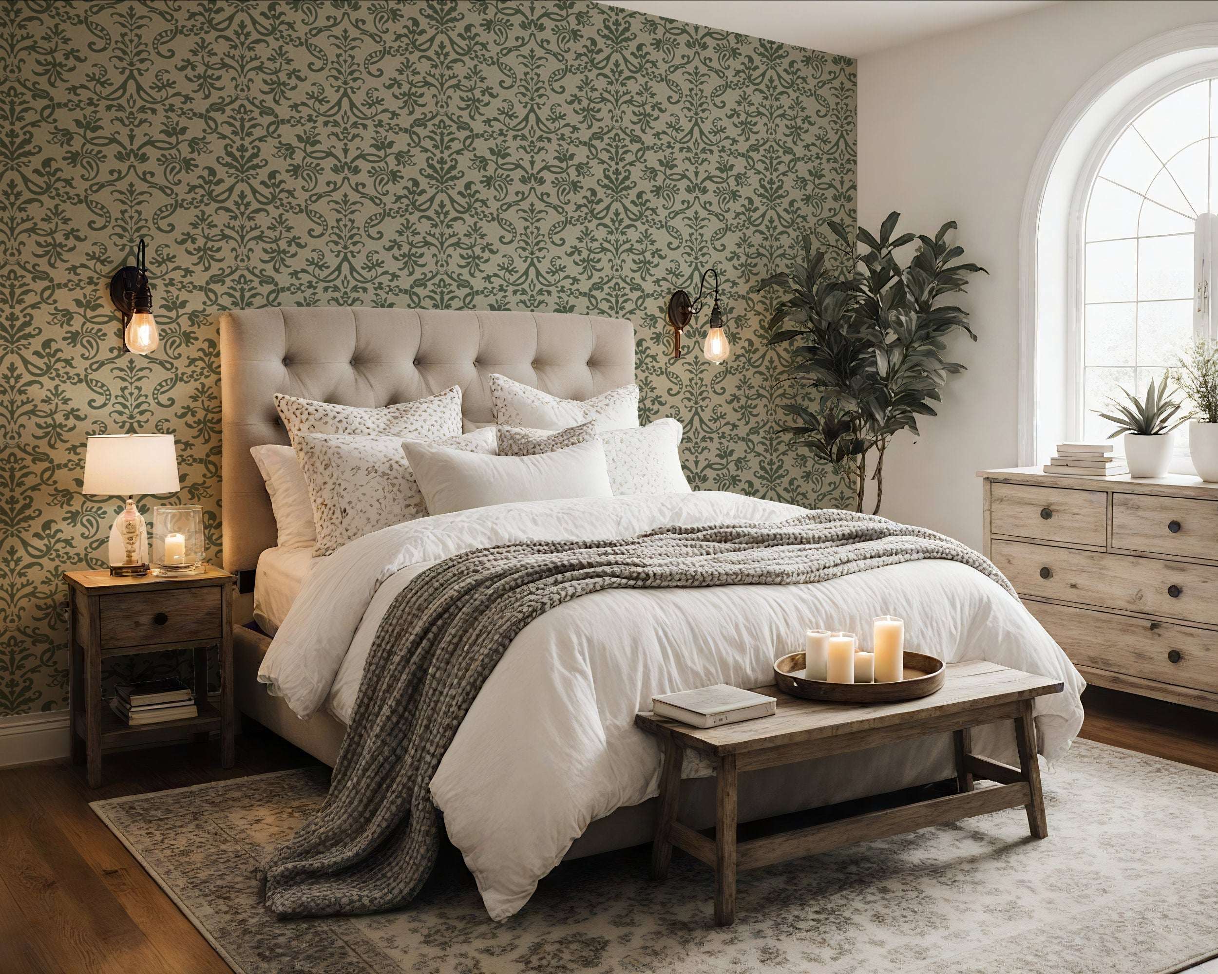 Floral damask wallpaper in green with repeating vintage ornamental pattern on wall