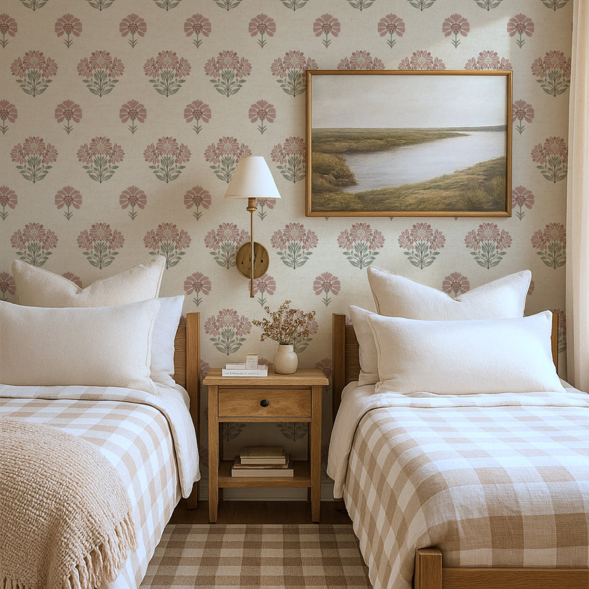 Vintage floral wallpaper in pink and green in neutral bedroom with wooden furniture