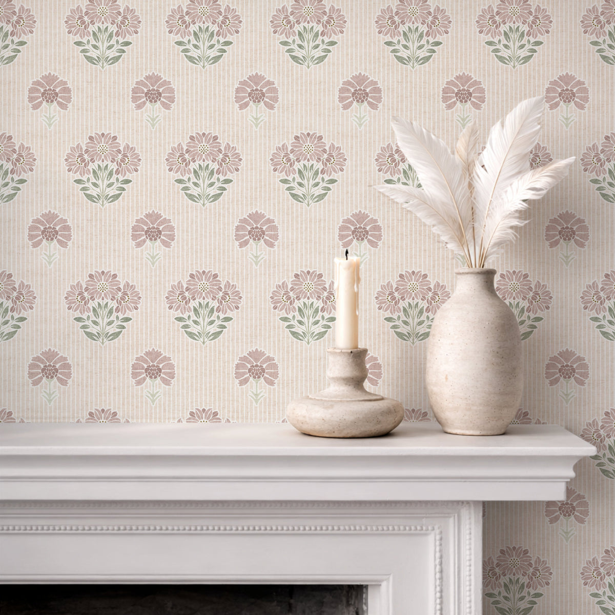 Vintage floral wallpaper in Dusty Pink and Sage green on fireplace wall with pampas grass decor