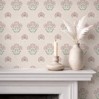 Vintage floral wallpaper in Dusty Pink and Sage green on fireplace wall with pampas grass decor