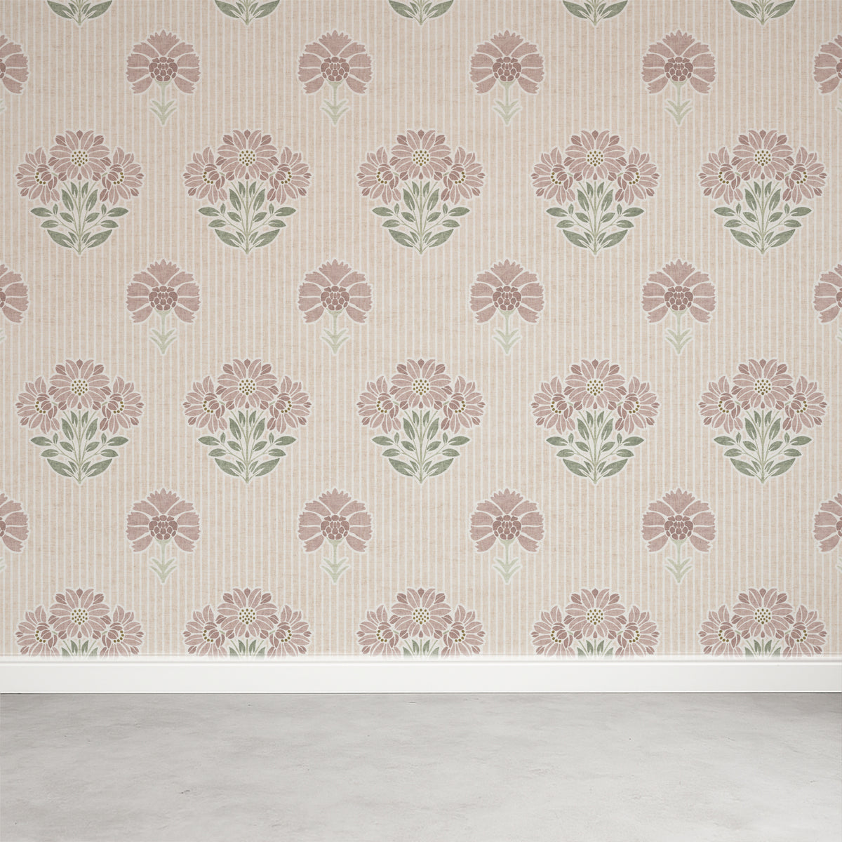 Floral patterned wallpaper with pink and green flowers on a beige background
