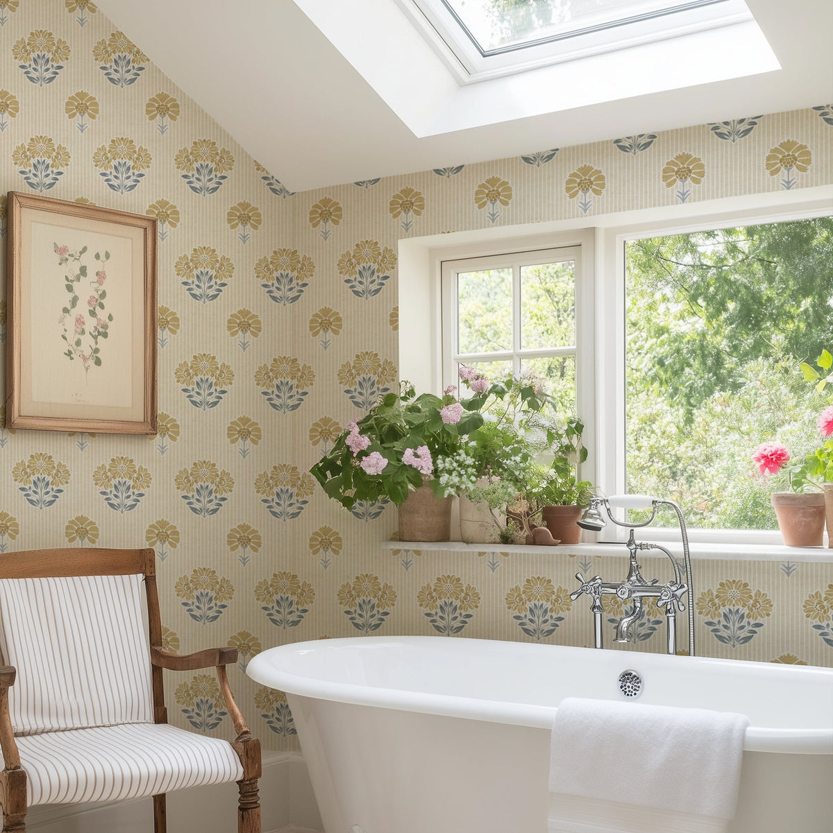 Vintage floral wallpaper in slate blue and ochre yellow in bathroom with freestanding bath