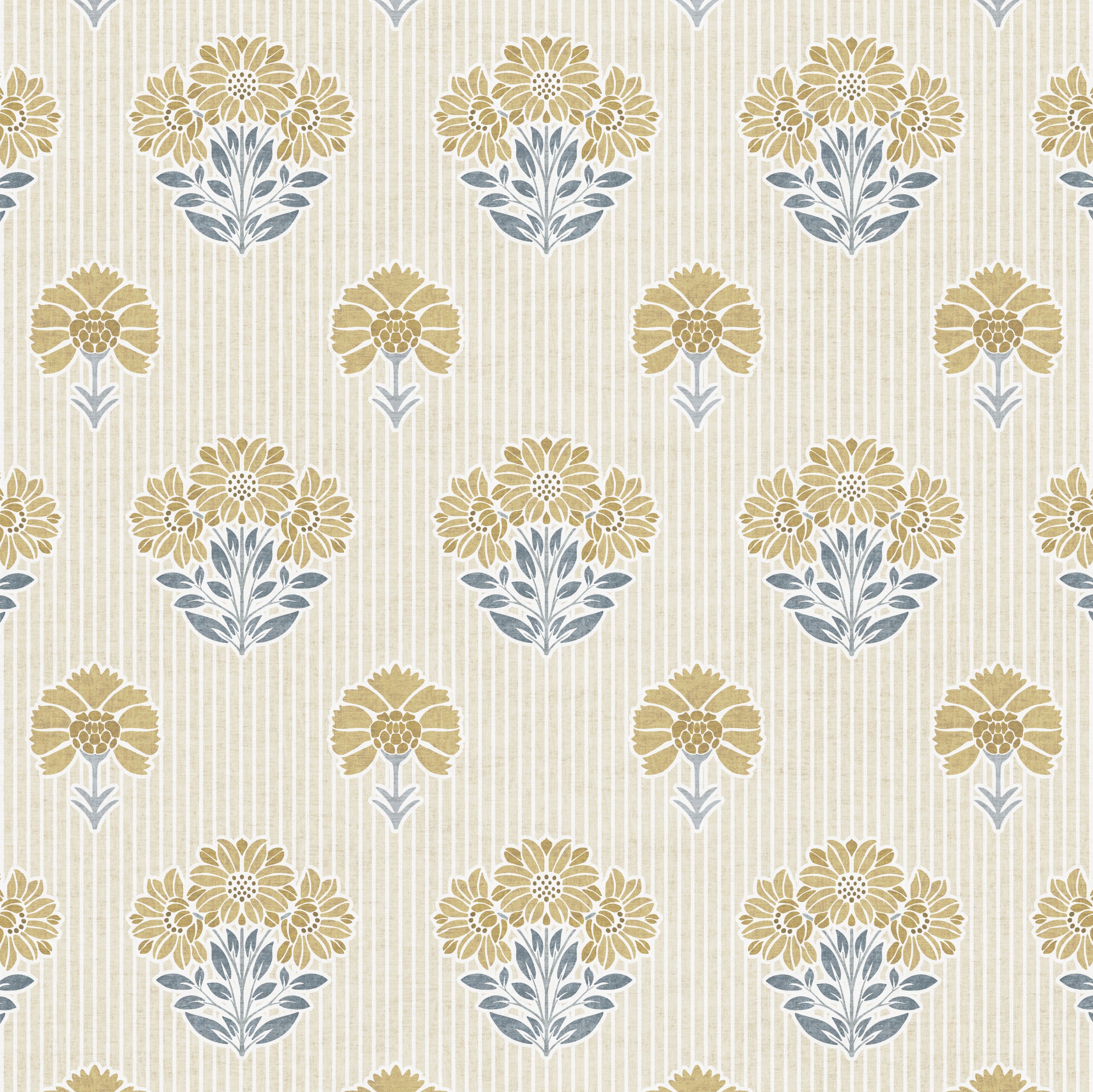 Vintage block print floral wallpaper close up showing hand-drawn pattern in Ochre and Slate Blue