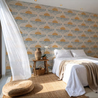a light and airy bedroom featuring boho coastal peel and stick wallpaper