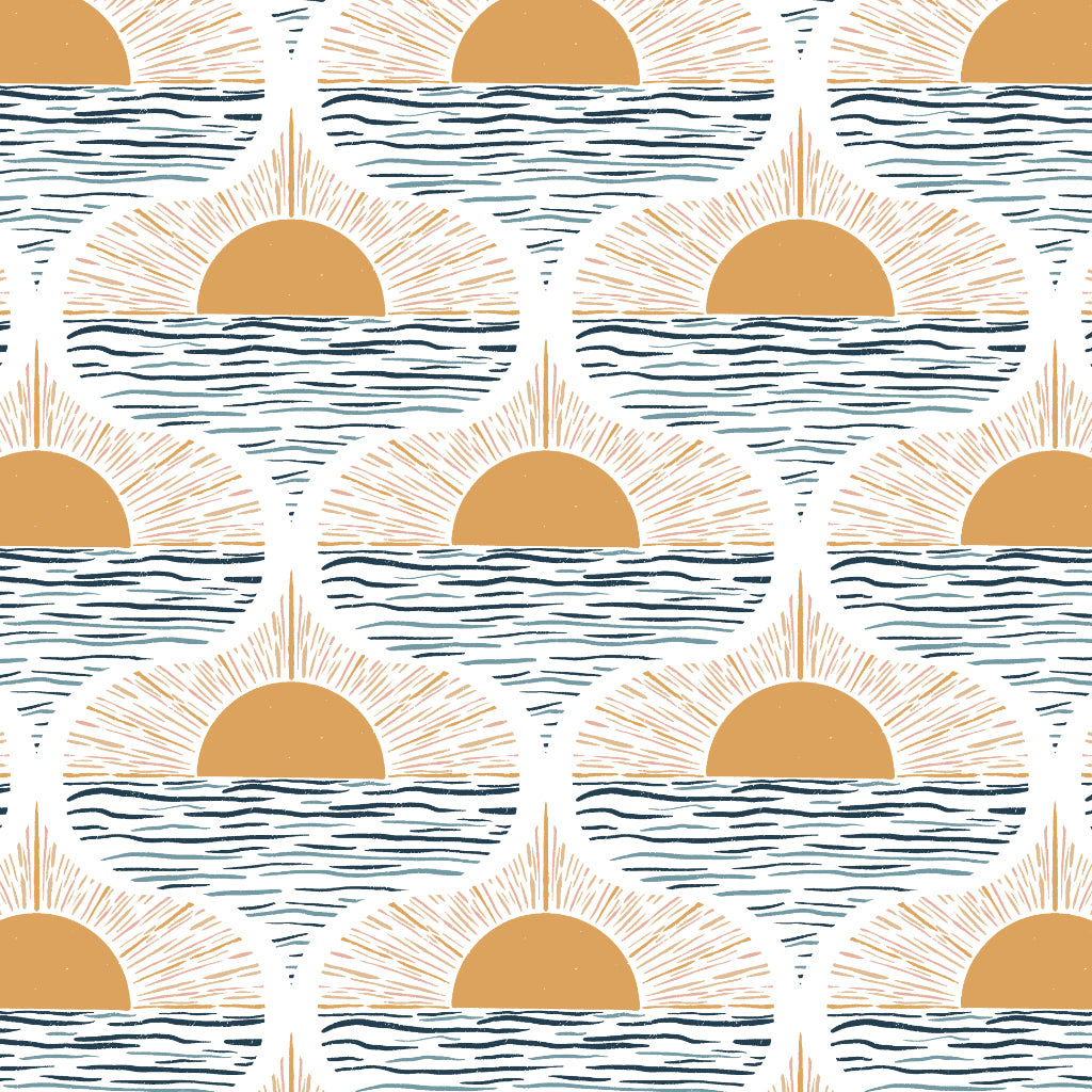 boho coastal wallpaper Pattern of suns and ocean waves lines on a white background