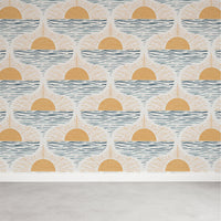 close up of a wall featurinf a boho coastal seamless pattern using peel and stick wallpaper
