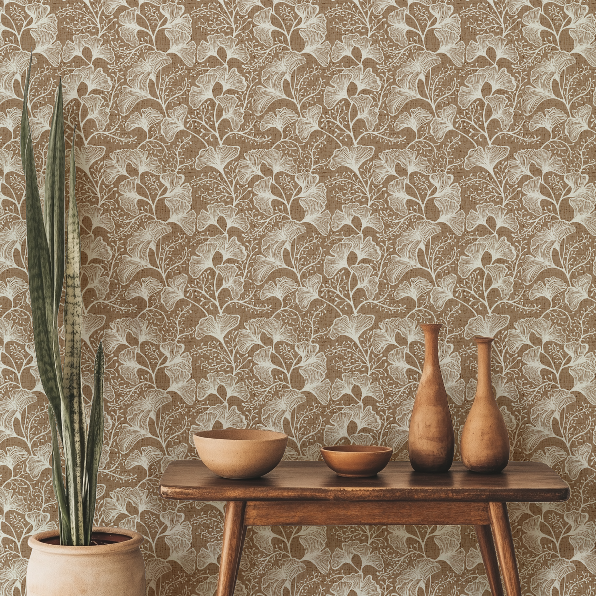 Japandi Botanical Ginkgo Wallpaper: Modern Zen Wall Mural – Peel and Stick, Removable, Traditional & Vinyl Options