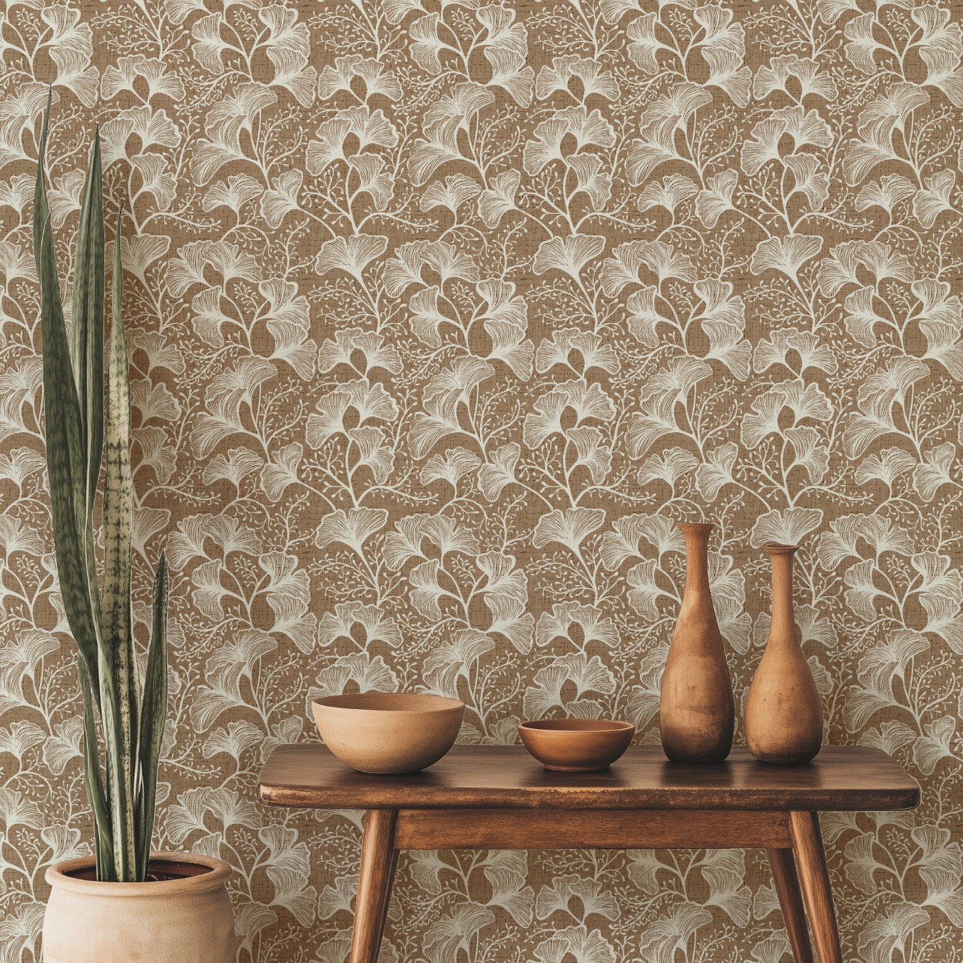 Japandi Botanical Ginkgo Wallpaper: Modern Zen Wall Mural – Peel and Stick, Removable, Traditional & Vinyl Options