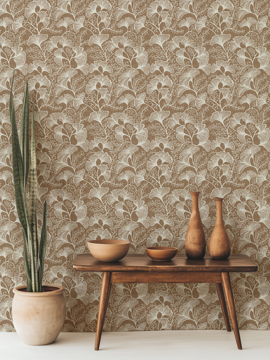 Japandi Botanical Ginkgo Leaf Wallpaper: Modern Zen Wall Mural – Peel and Stick, Removable, Traditional & Vinyl Options