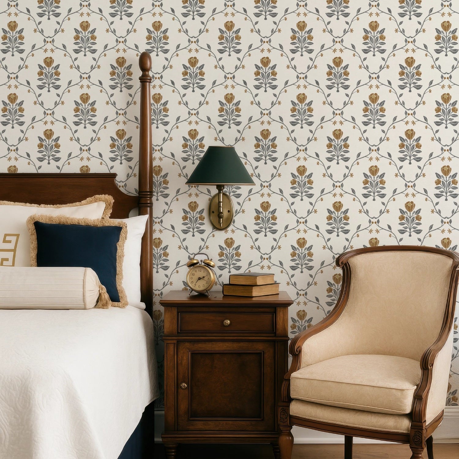 Cottagecore Floral Wallpaper - Vintage Tulip Botanical Design in Dusty Pink & Mustard