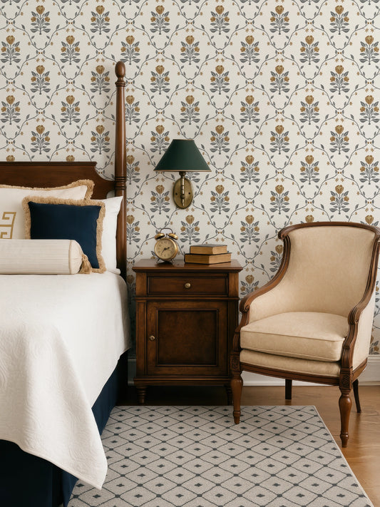 Cottagecore Floral Wallpaper - Vintage Tulip Botanical Design in Dusty Pink & Mustard