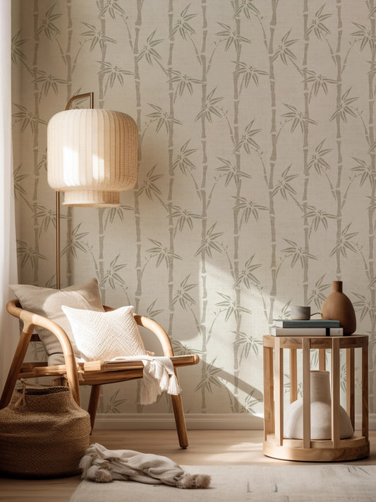 Japandi Bamboo Wallpaper – Minimalist Botanical Wallcovering in Neutral and Pastel Tones