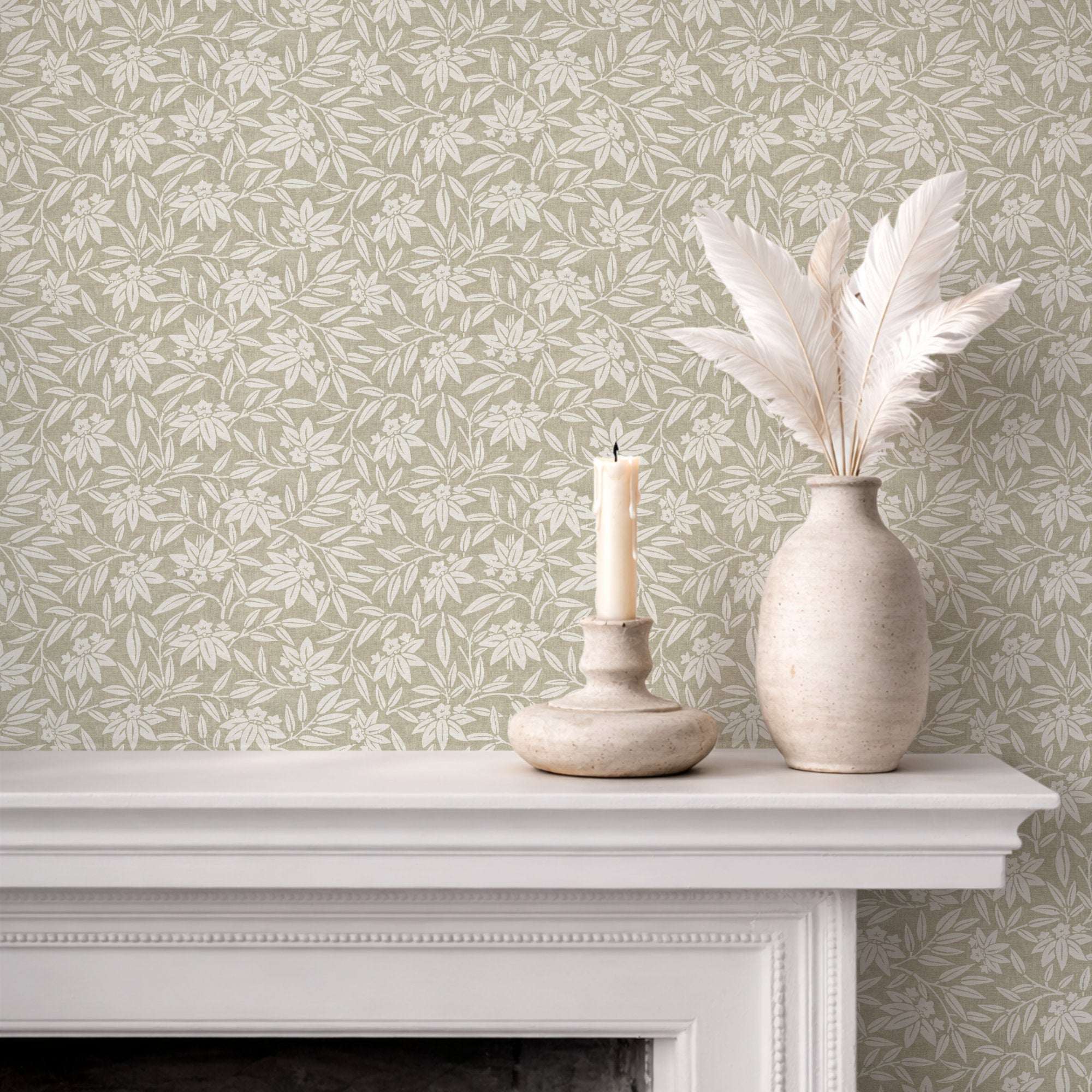 Botanical wallpaper with cream leaf sprigs pattern on light gray wall