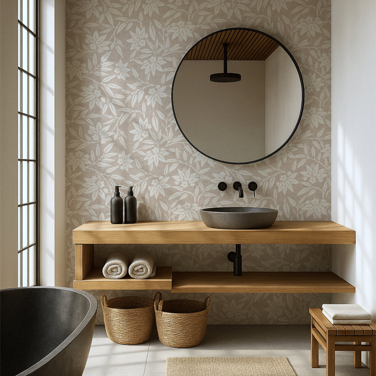 Japandi botanical wallpaper in warm stone grey in bathroom with round mirror and dark fixtures