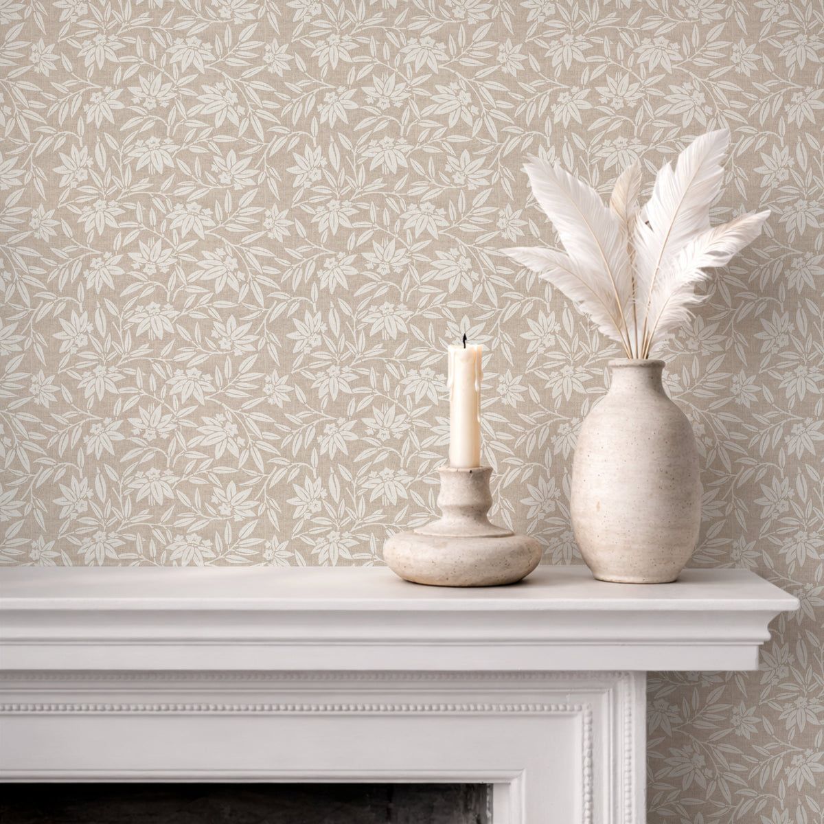 Japandi botanical wallpaper in cool beige on fireplace wall with neutral decor