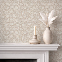 Japandi botanical wallpaper in cool beige on fireplace wall with neutral decor