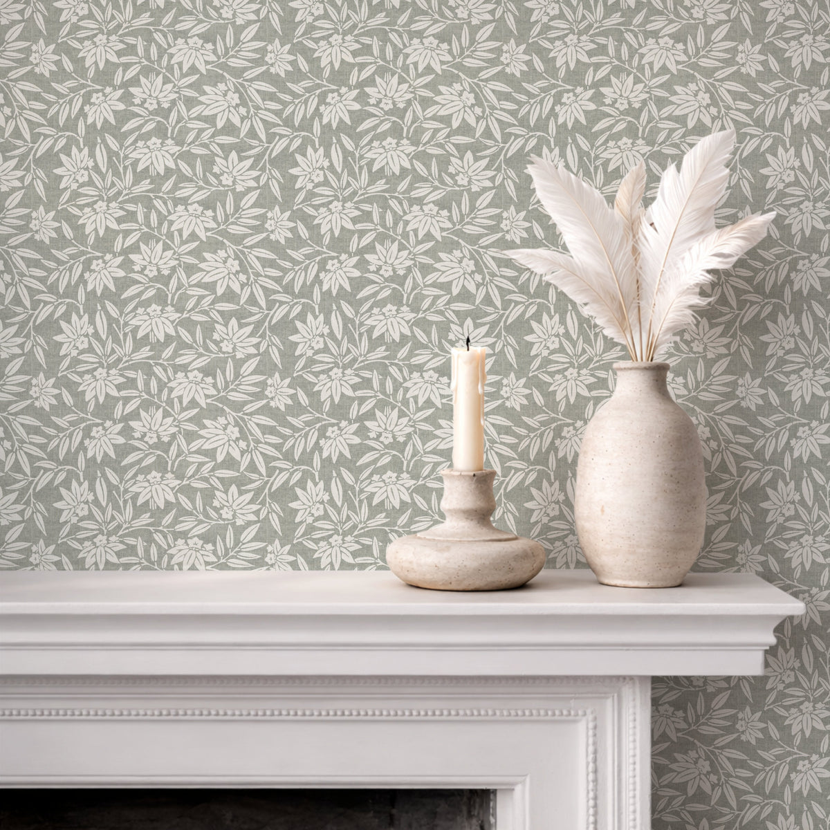 Japandi botanical wallpaper in warm stone grey on fireplace wall with neutral decor