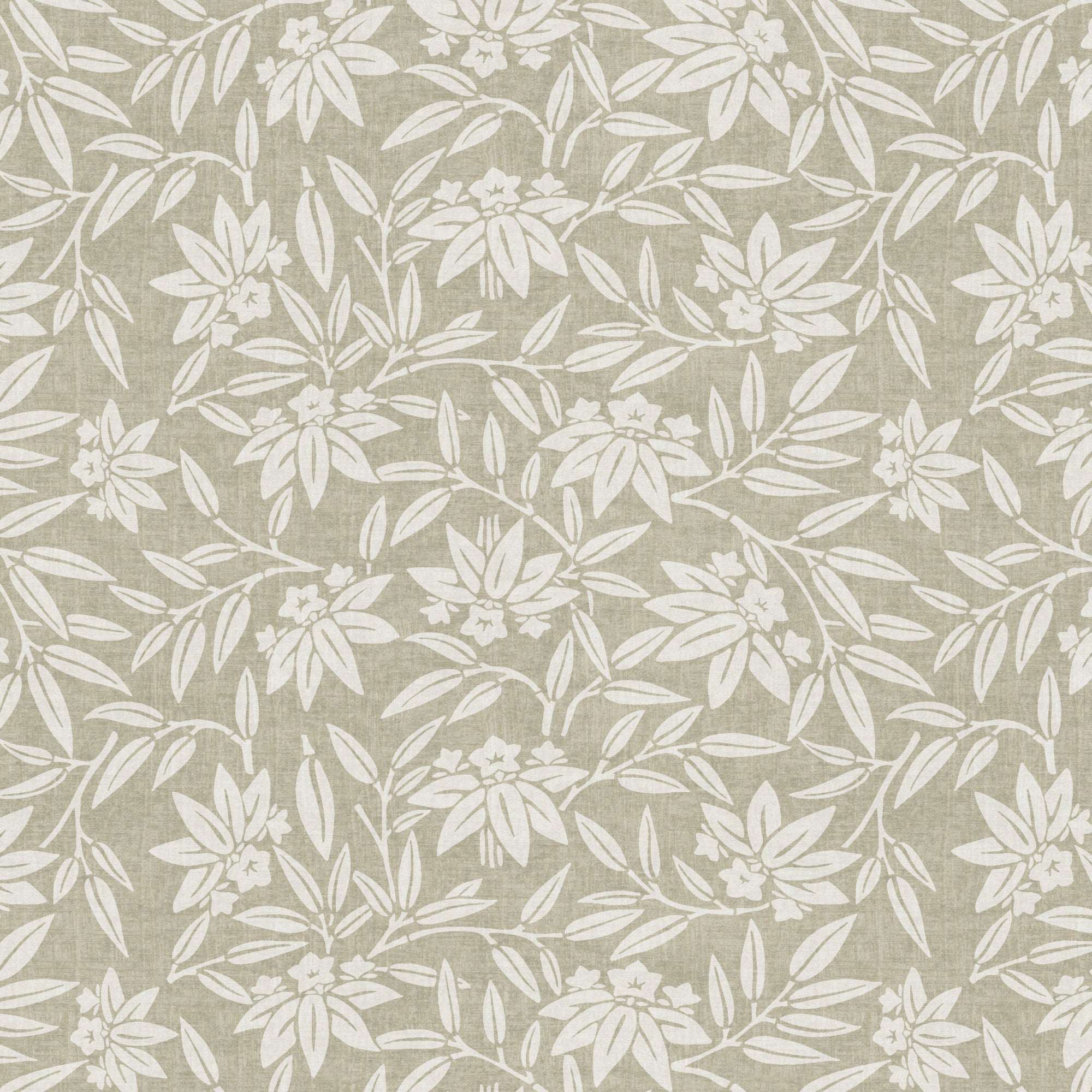 Botanical wallpaper close-up: cream leaf sprigs and small flowers on gray ground