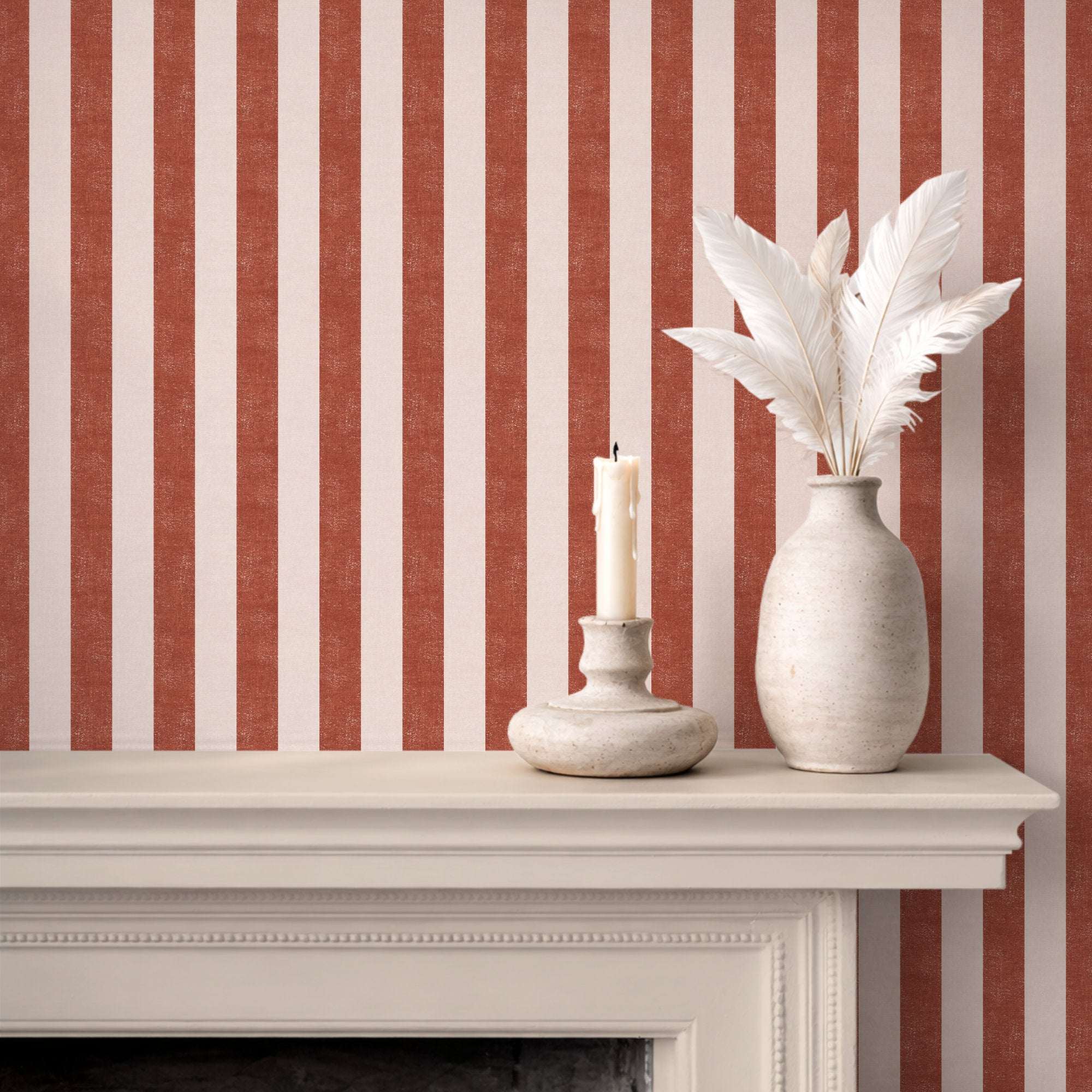 Textured extra-wide vertical stripe wallpaper in terracotta and cream