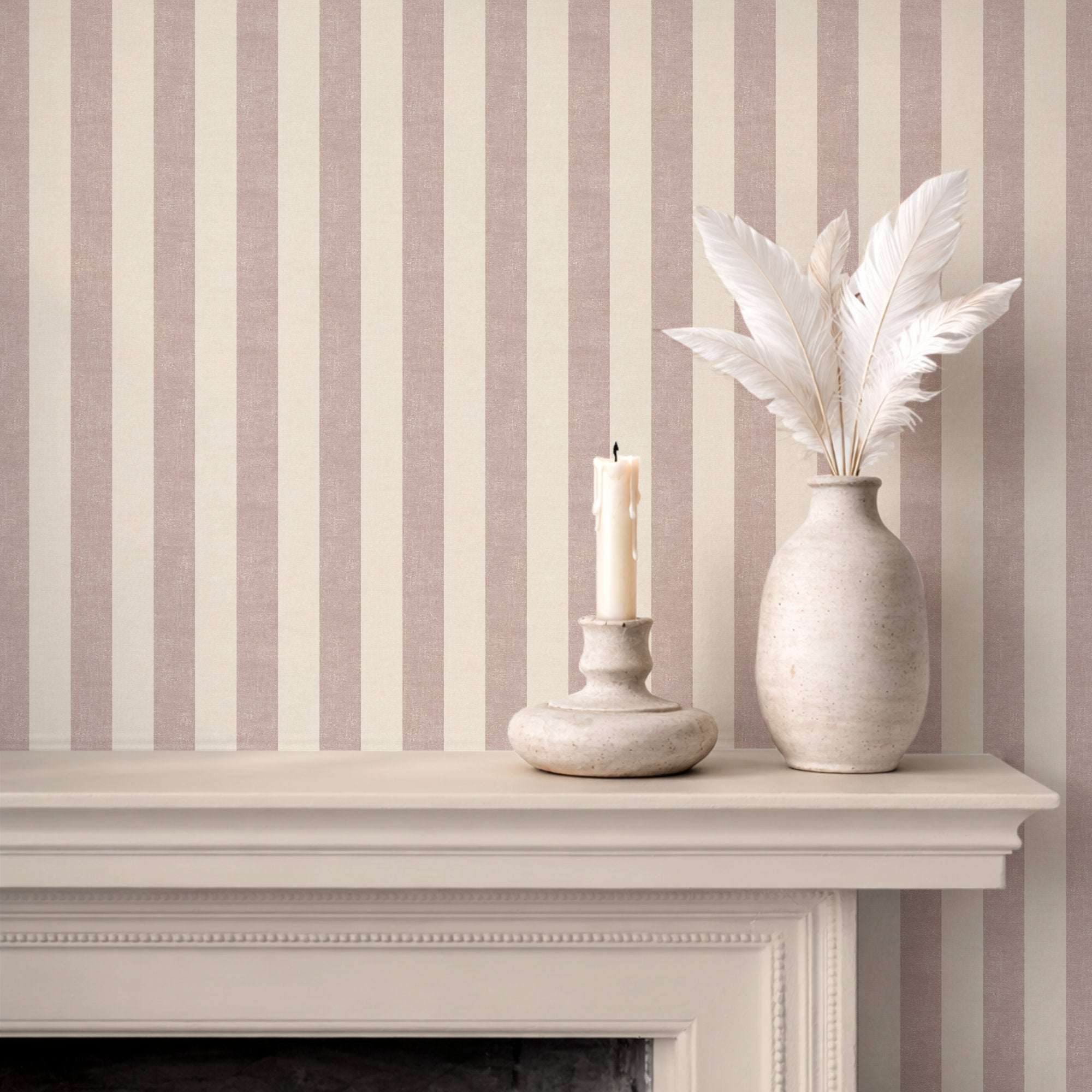 Textured extra-wide vertical stripe wallpaper in dusty rose and cream