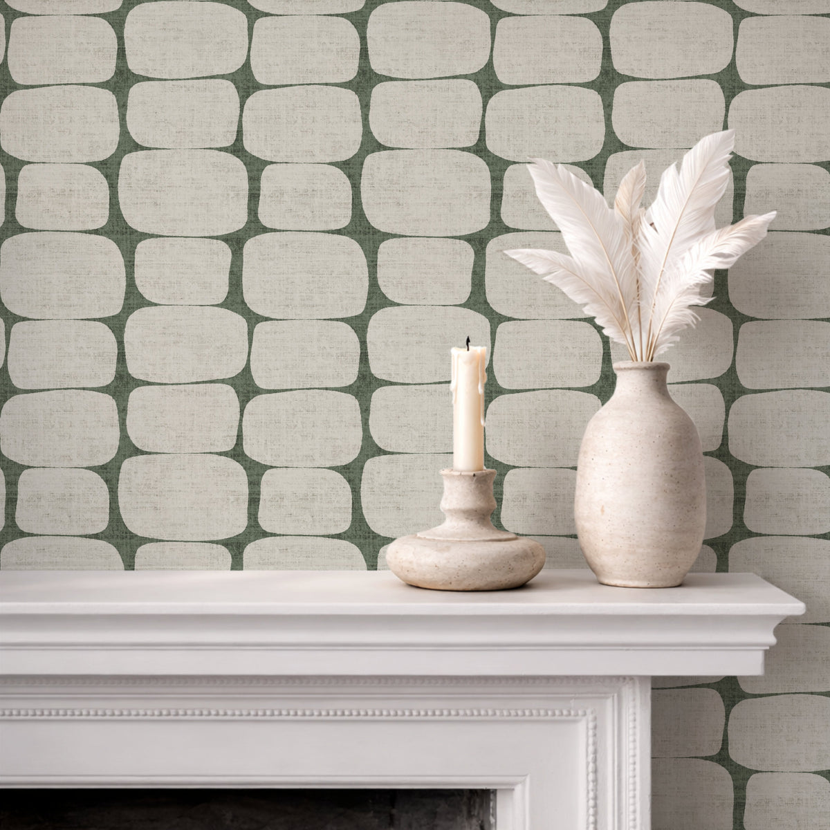 Mid-century modern wallpaper in sage green on feature wall in living room