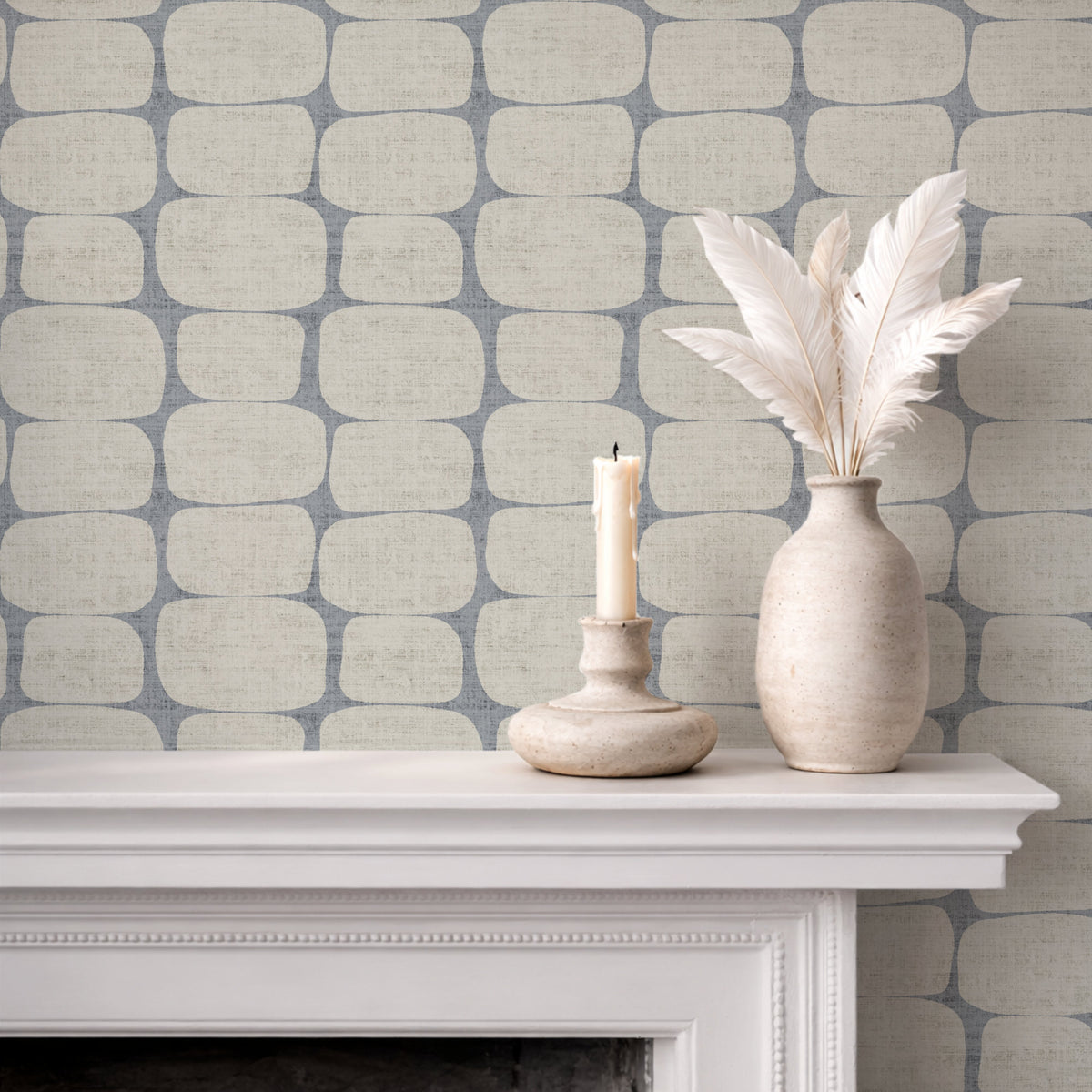 Mid-century modern wallpaper in light blue on feature wall in living room