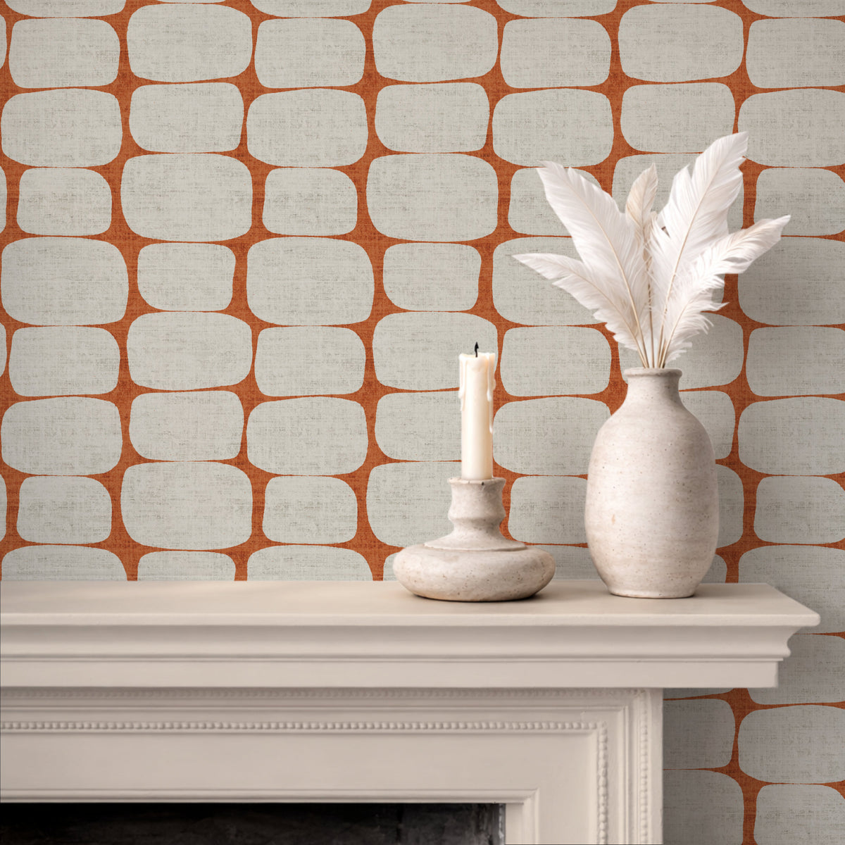 Mid-century modern wallpaper in Terracotta on fireplace wall with neutral MCM living room decor