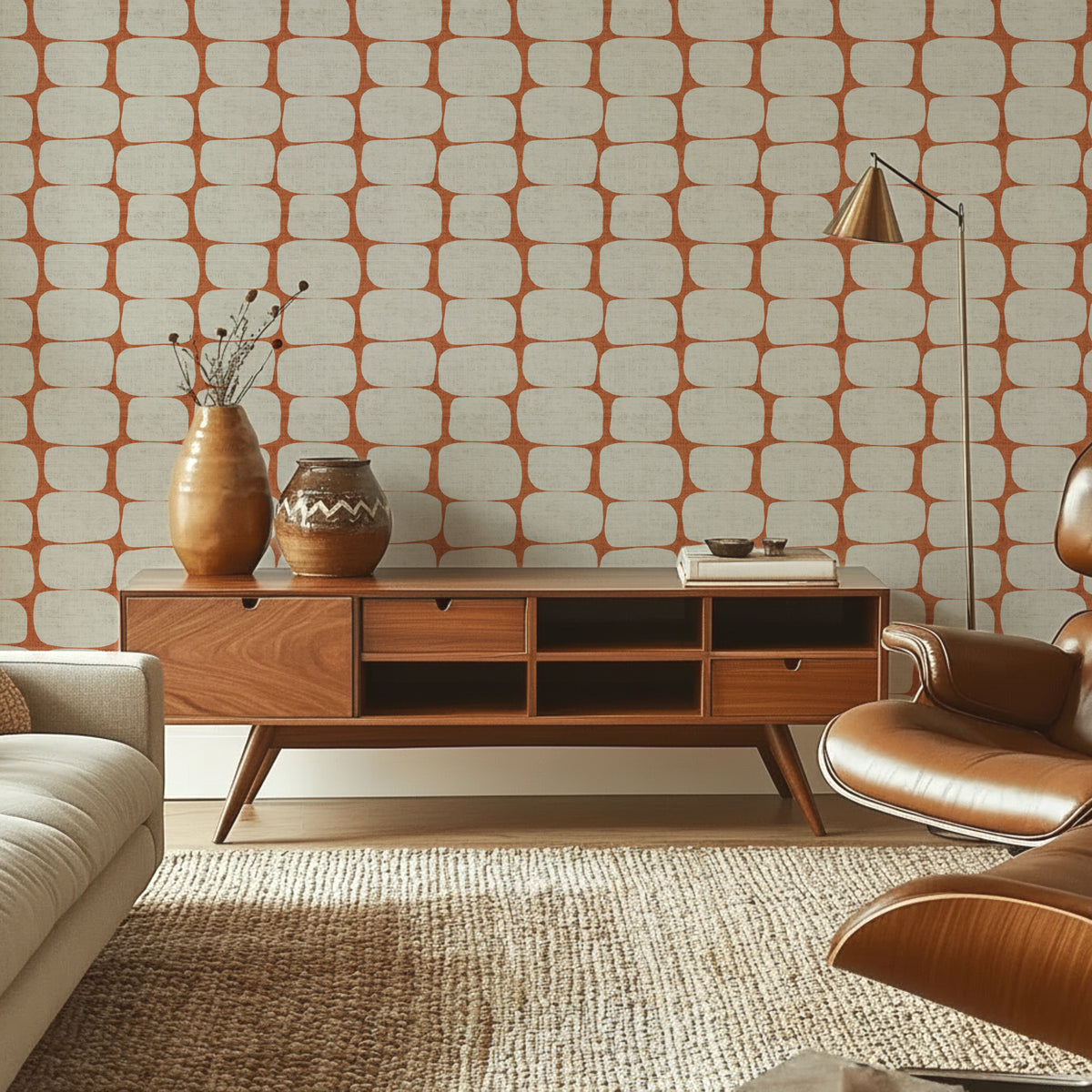Retro geometric wallpaper in terracotta in mid-century modern living room with TV unit