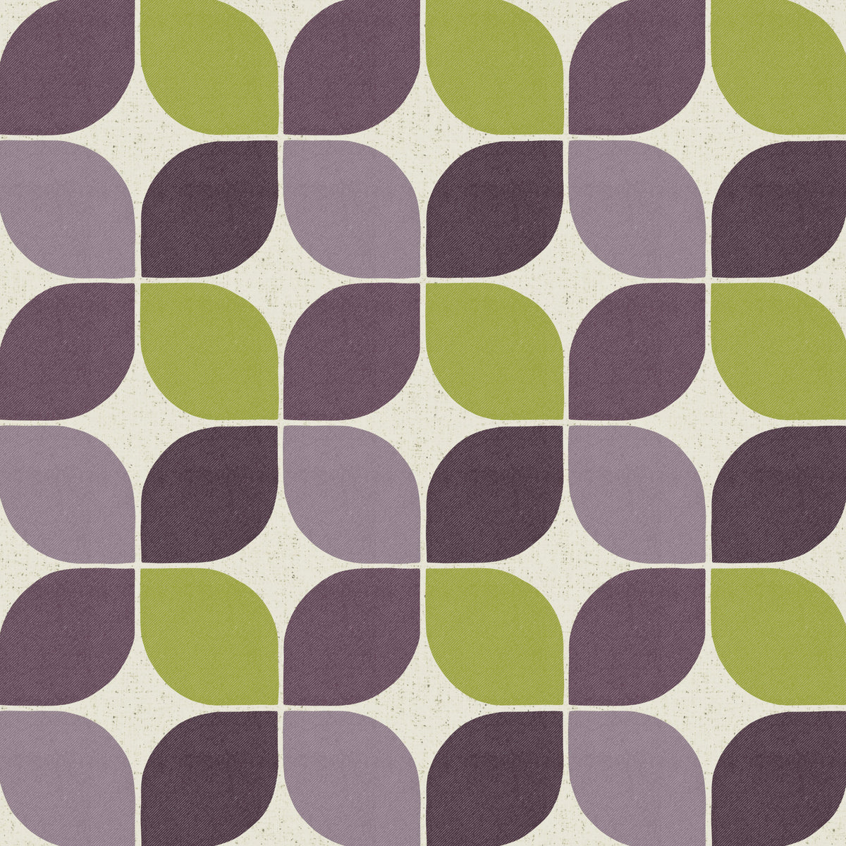 A top-down flat lay featuring a sample of the plum and wabisabi green geometric wallpaper. The sample is styled with interior design elements to show how the MCM colours coordinate with modern textures.