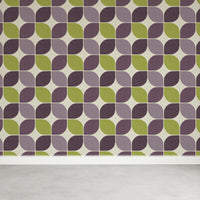 A full-length view of the 1950s retro square wallpaper applied to a plain wall. The image shows several vertical panels, illustrating how the straight match geometric repeat aligns seamlessly from floor to ceiling.