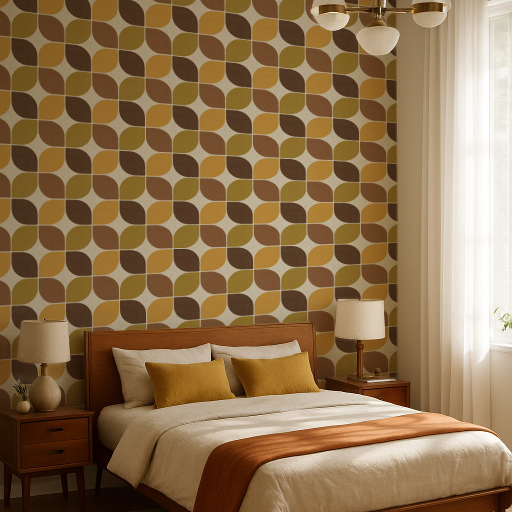 Mid-century modern square pattern wallpaper in warm chocolate brown and ochre yellow. The geometric grid design provides a nostalgic, grounded look for a home office or cozy retro interior.