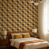 Mid-century modern square pattern wallpaper in warm chocolate brown and ochre yellow. The geometric grid design provides a nostalgic, grounded look for a home office or cozy retro interior.