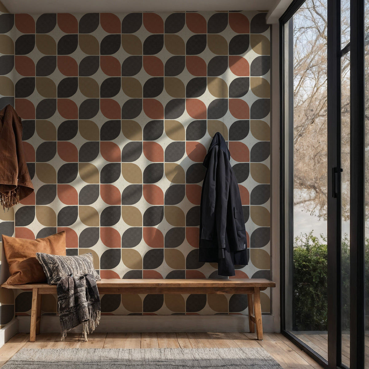 Earth tone geometric wallpaper with a straight repeat square motif in charcoal brown and terracotta. A minimalist, mid-century modern design that suits contemporary spaces and warm, neutral interiors.