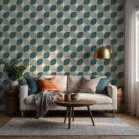 Retro square pattern wallpaper in teal and slate blue. This balanced mid-century modern geometric design offers a clean, architectural look for living rooms bedrooms or modern hallways.