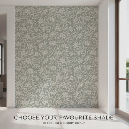 Japandi Botanical Wallpaper: Scandinavian Minimalist Floral Design in Taupe, Pink, Blue, Grey, Neutral, or Green