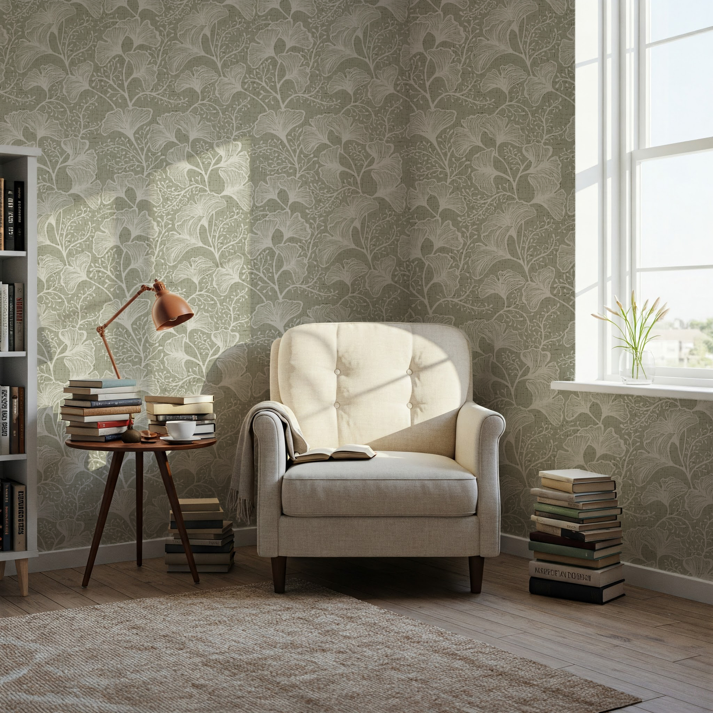Japandi Botanical Ginkgo Leaf Wallpaper: Modern Zen Wall Mural – Peel and Stick, Removable, Traditional & Vinyl Options