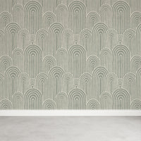 Sage green Scandinavian arches wallpaper on a feature wall
