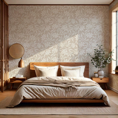 Bedroom with a rattan light fixture and taupe Japandi botanical wallpaper as the feature wall